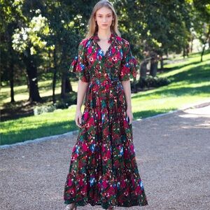Rungolee Silk Multicolor Moss Print Maxi Dress‎